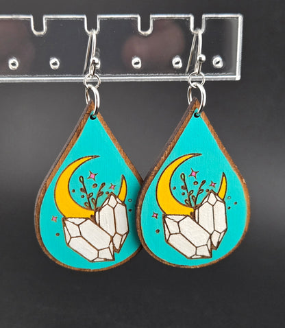 Handmade hand painted moon and white crystals earrings
