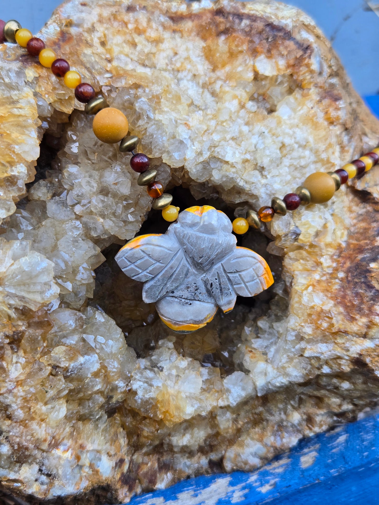Bumblebee Jasper Bee with Amber & Mookaite Necklace