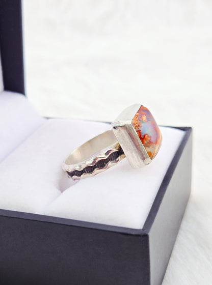 Hand Cut Square Mexican Fire Opal Set in Hand Fabricated .925 Silver Setting with (Size 9)