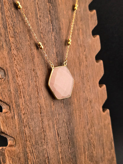 Faceted Peach Moonstone Hexagon Necklace