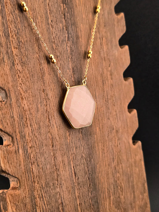 Faceted Peach Moonstone Hexagon Necklace