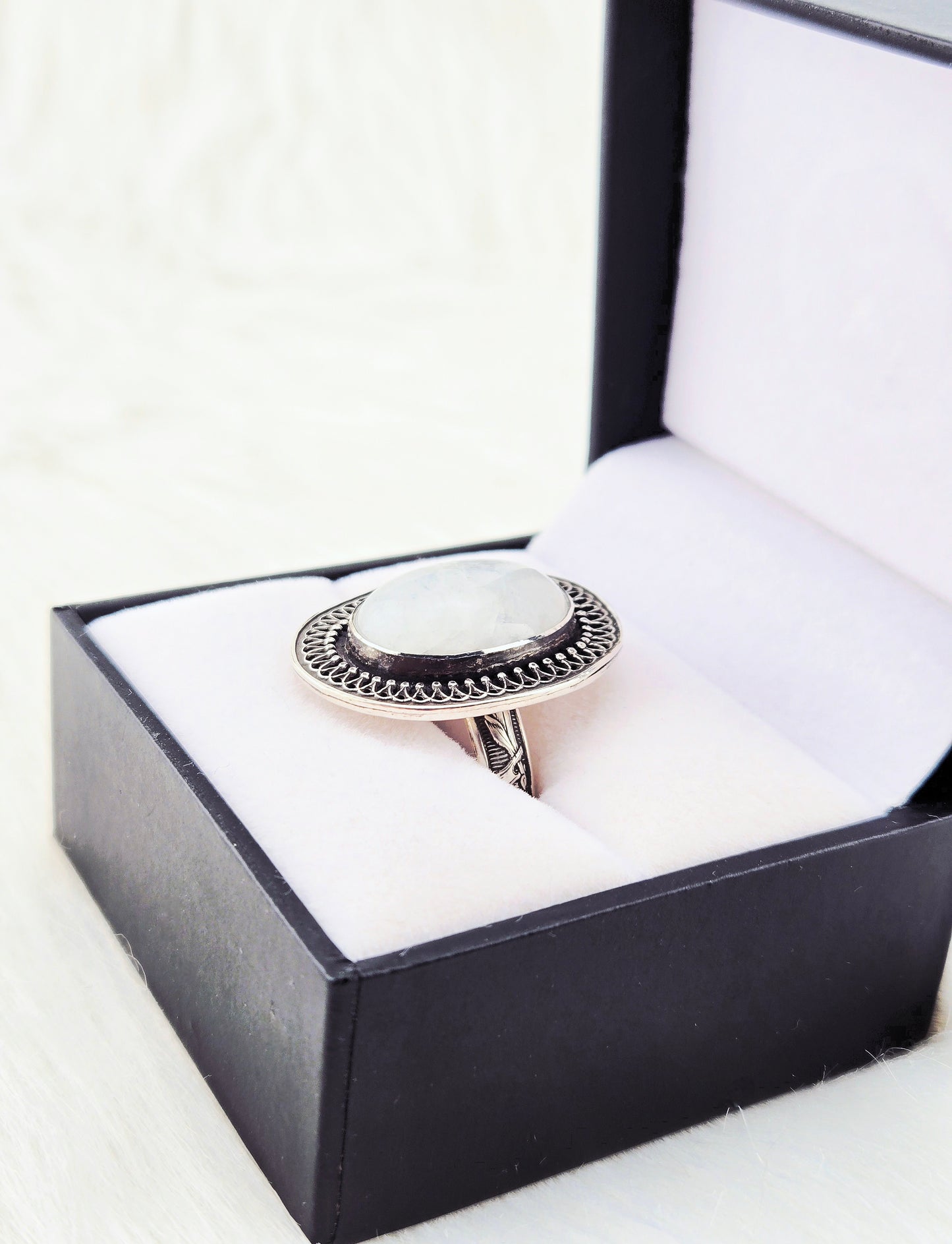 Hand cut Moonstone Ring Set in .925 Silver and Fine Silver Embellishments (Size 10)