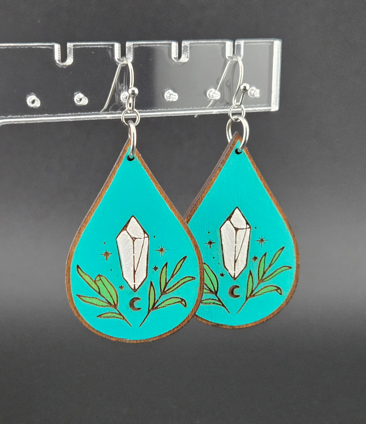 Handmade hand painted crystal and leaf earrings
