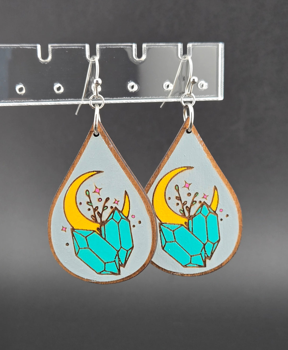 Handmade hand painted moon and crystals earrings