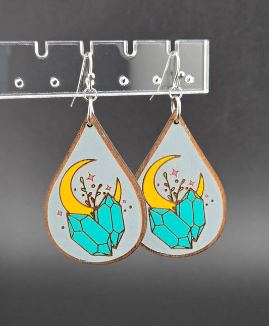 Handmade hand painted moon and crystals earrings