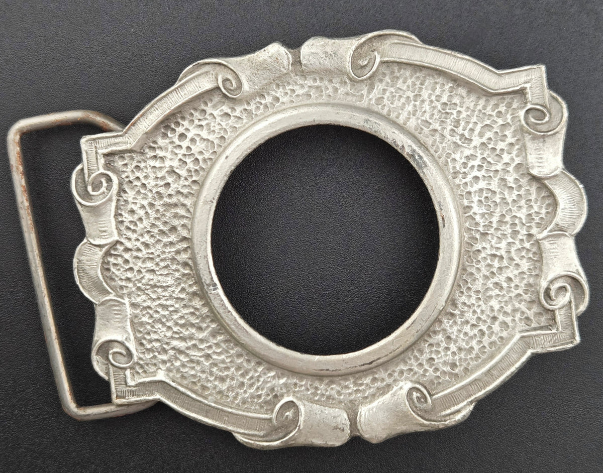 Vintage pewter belt buckle blank, fits a 38.2mm cabochon, 3.25" × 2.5" face