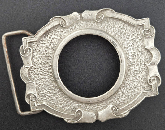 Vintage pewter belt buckle blank, fits a 38.2mm cabochon, 3.25" × 2.5" face