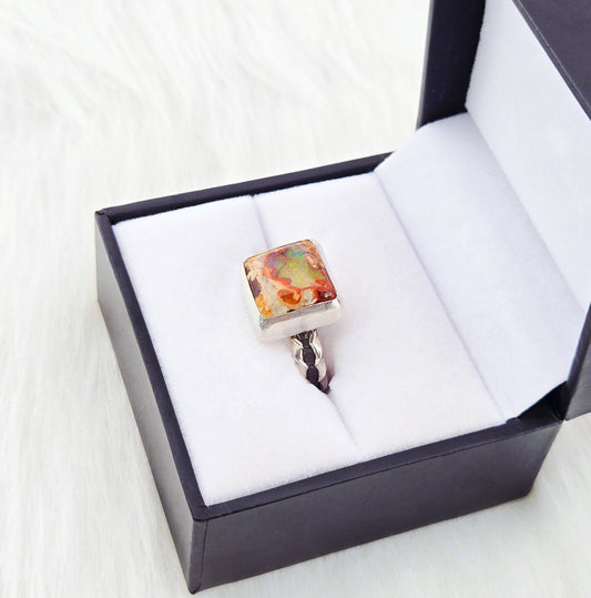 Hand Cut Square Mexican Fire Opal Set in Hand Fabricated .925 Silver Setting with (Size 9)