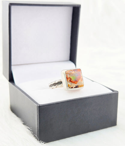 Hand Cut Square Mexican Fire Opal Set in Hand Fabricated .925 Silver Setting with (Size 9)