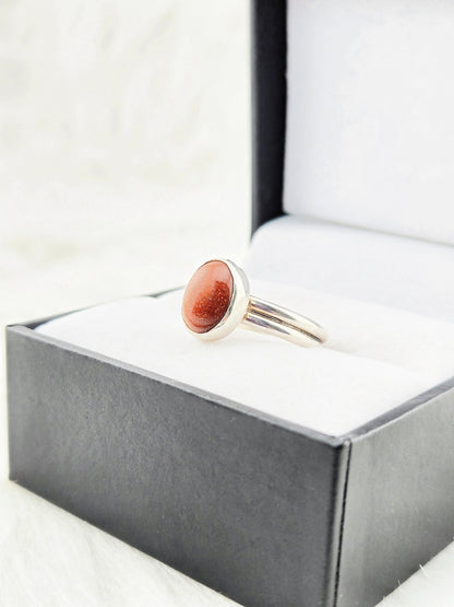 Hand Cut Goldstone set in Hand Fabricated .925 Silver Setting with Double Half Round Shank (Size 7.5)