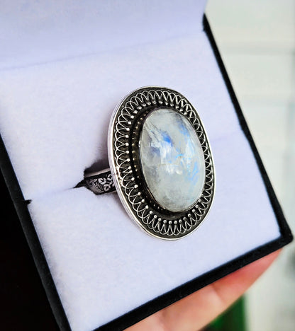 Hand cut Moonstone Ring Set in .925 Silver and Fine Silver Embellishments (Size 10)