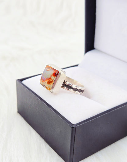 Hand Cut Square Mexican Fire Opal Set in Hand Fabricated .925 Silver Setting with (Size 9)