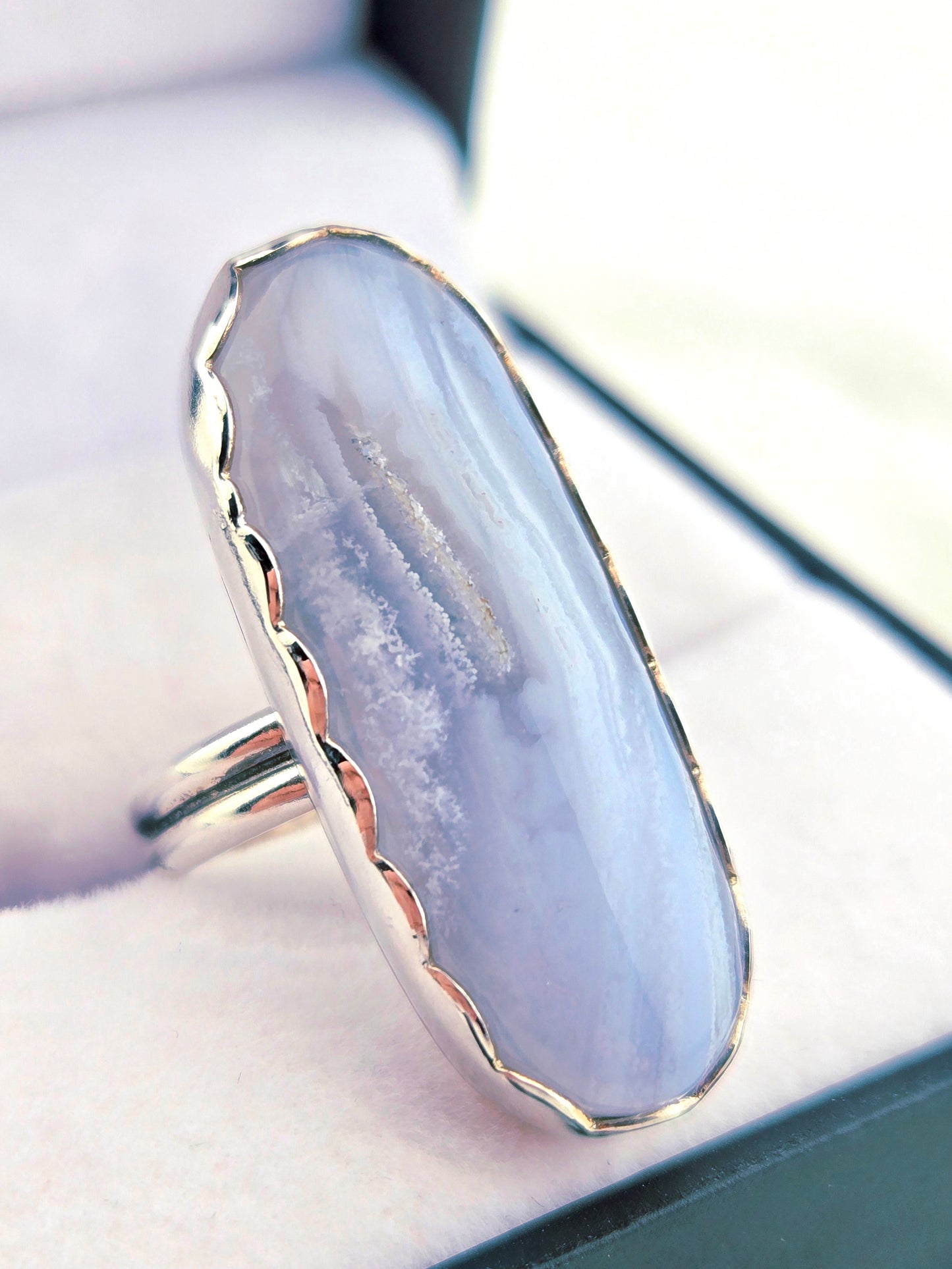 Hand Cut Blue Lace Agate Set in Hand Fabricated .925 Silver Setting (Size 6.5)