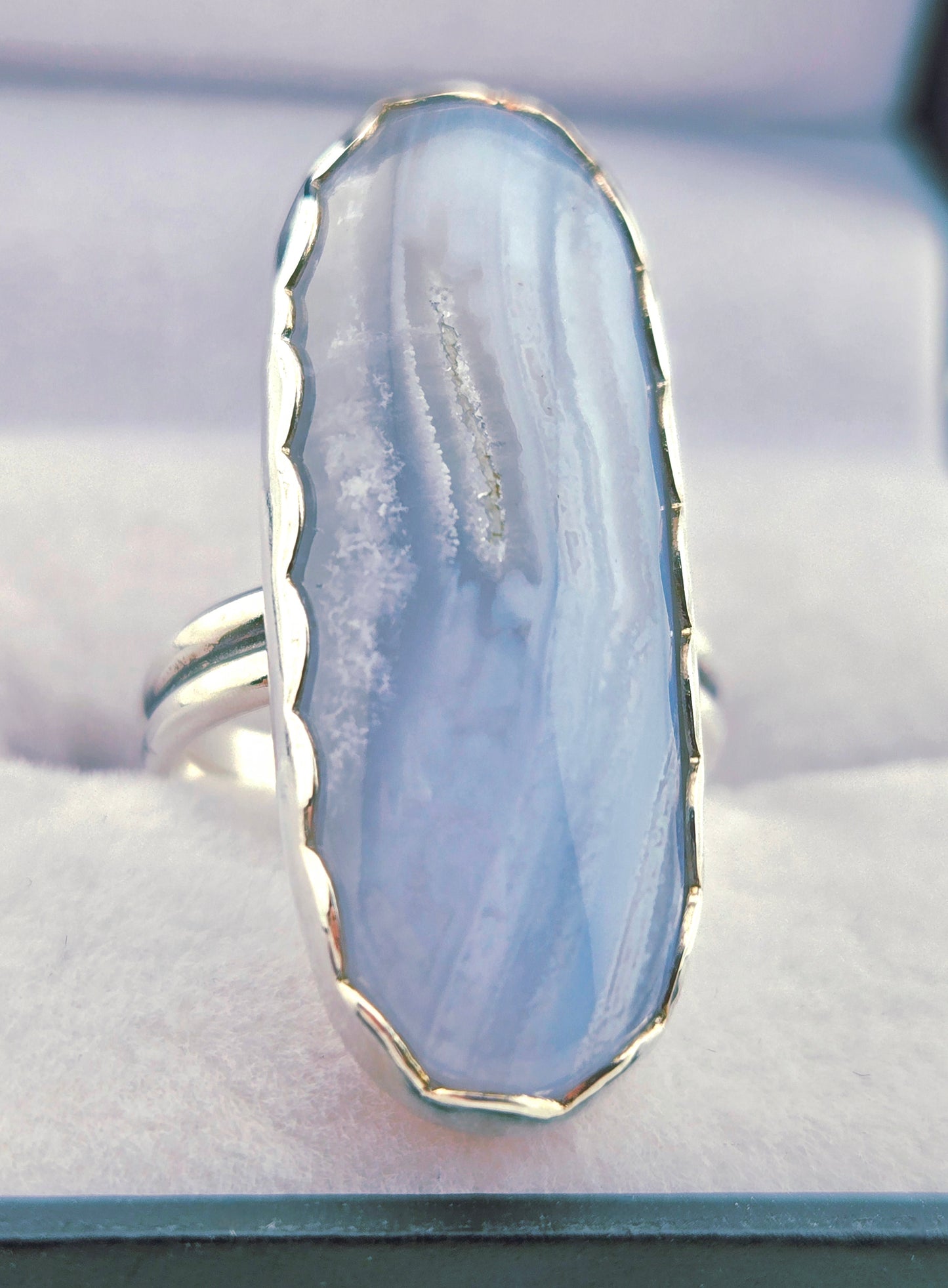 Hand Cut Blue Lace Agate Set in Hand Fabricated .925 Silver Setting (Size 6.5)