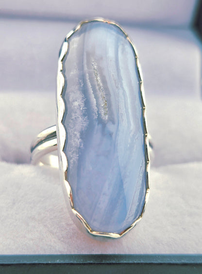 Hand Cut Blue Lace Agate Set in Hand Fabricated .925 Silver Setting (Size 6.5)