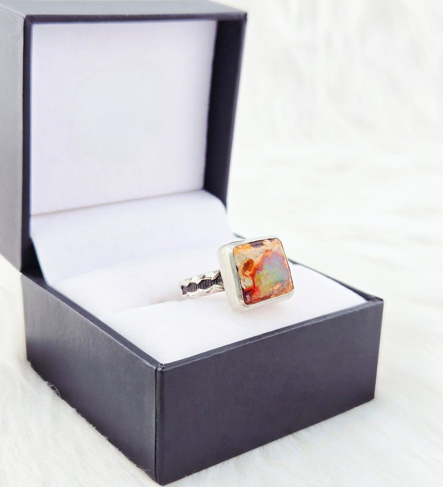 Hand Cut Square Mexican Fire Opal Set in Hand Fabricated .925 Silver Setting with (Size 9)