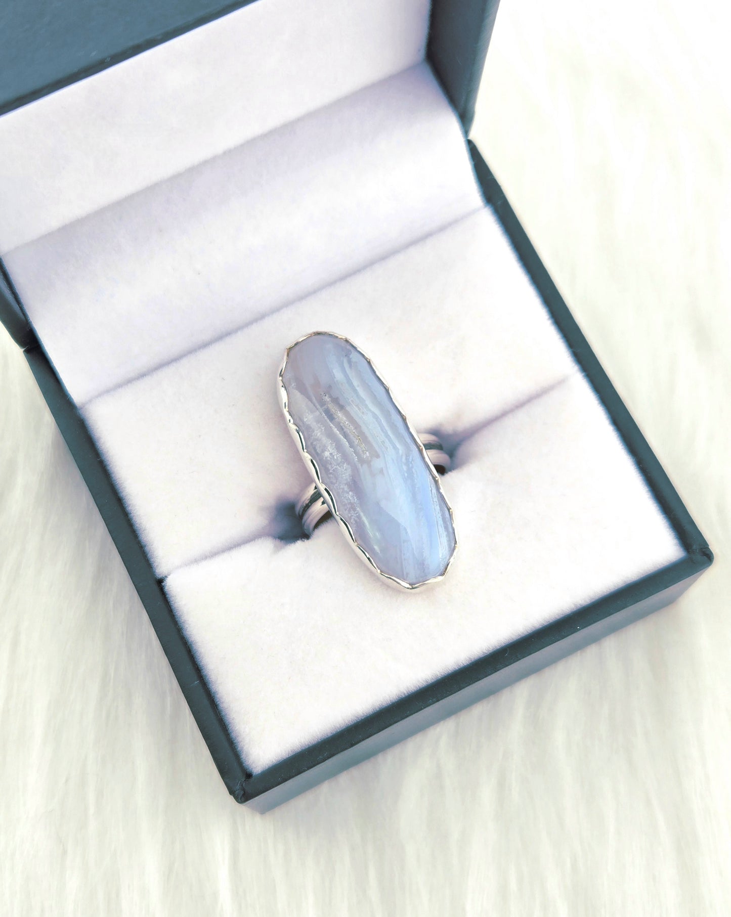 Hand Cut Blue Lace Agate Set in Hand Fabricated .925 Silver Setting (Size 6.5)