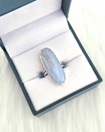 Hand Cut Blue Lace Agate Set in Hand Fabricated .925 Silver Setting (Size 6.5)