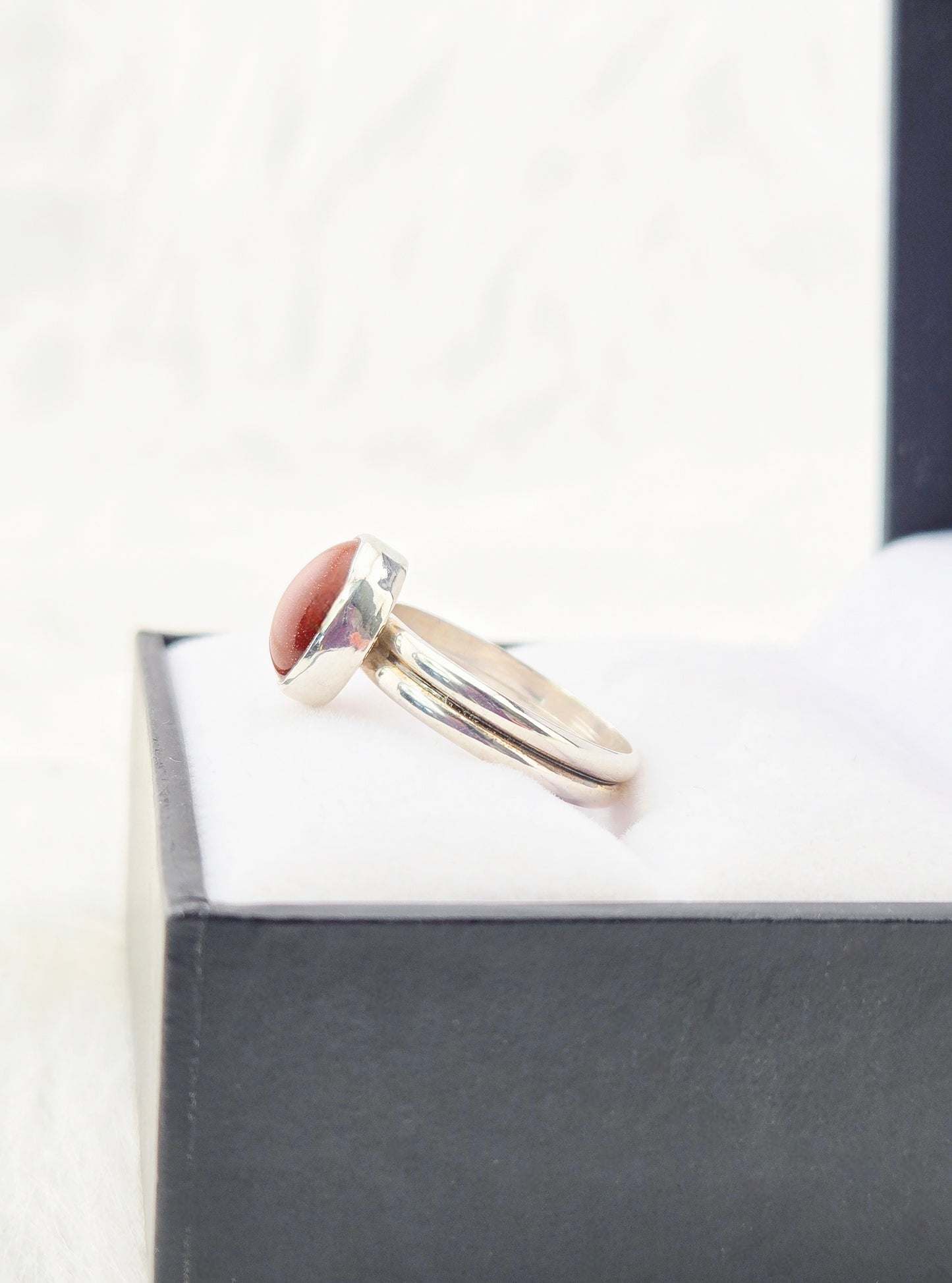 Hand Cut Goldstone set in Hand Fabricated .925 Silver Setting with Double Half Round Shank (Size 7.5)