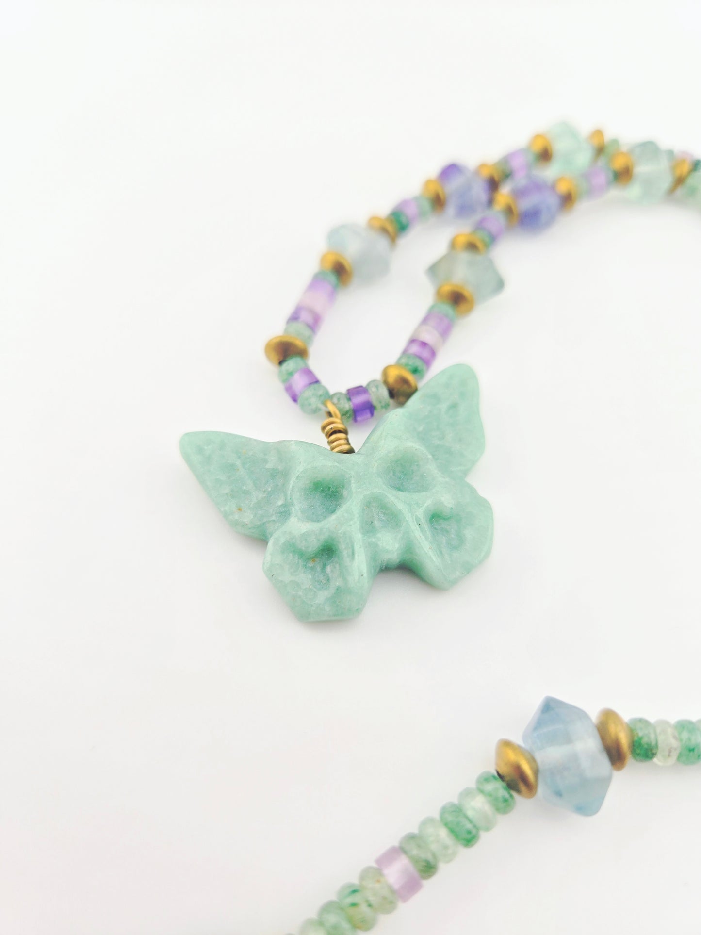 Green Aventurine Skull Butterfly with Double Terminated Fluorite Necklace