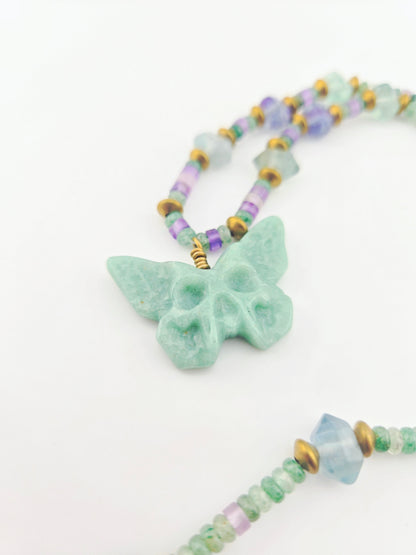 Green Aventurine Skull Butterfly with Double Terminated Fluorite Necklace
