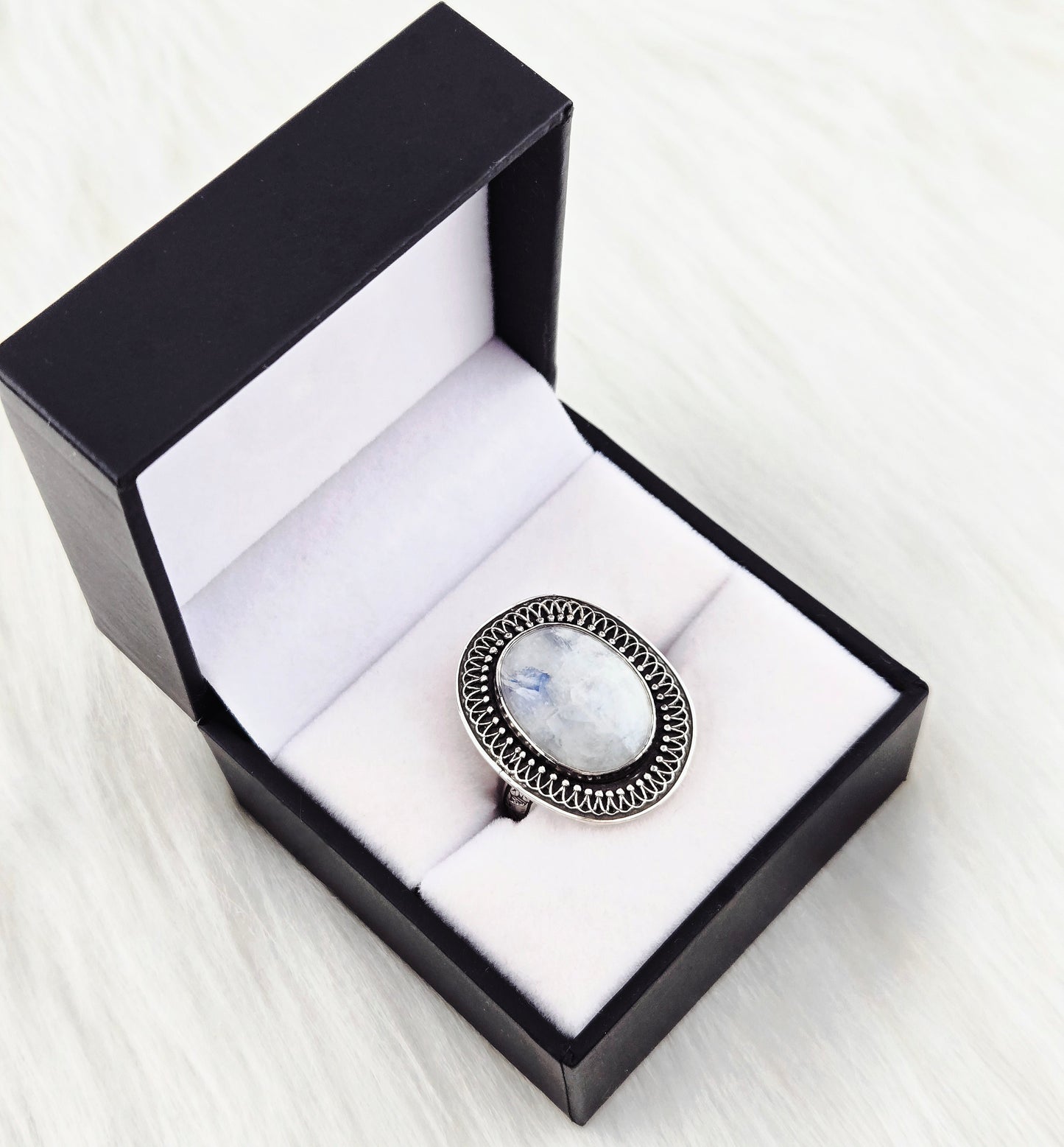 Hand cut Moonstone Ring Set in .925 Silver and Fine Silver Embellishments (Size 10)