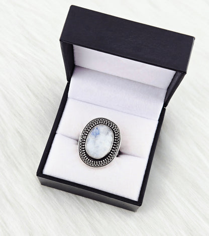 Hand cut Moonstone Ring Set in .925 Silver and Fine Silver Embellishments (Size 10)