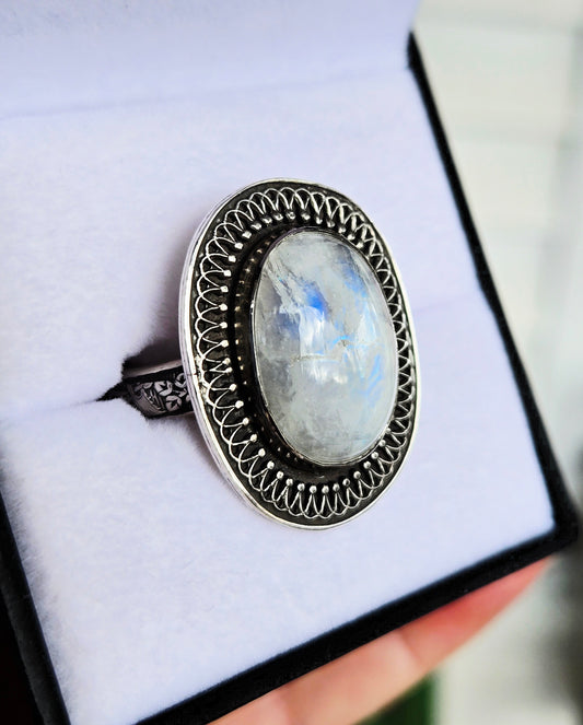 Hand cut Moonstone Ring Set in .925 Silver and Fine Silver Embellishments (Size 10)
