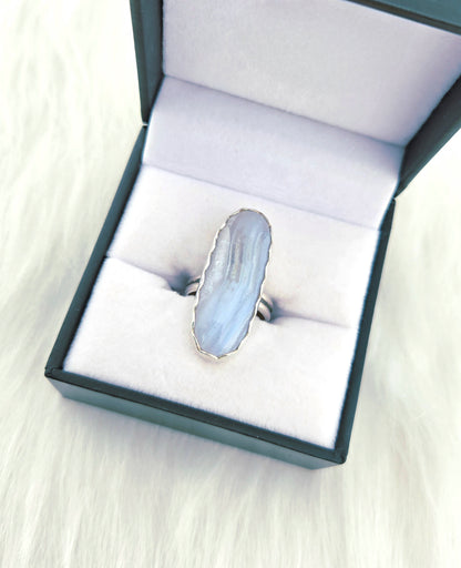 Hand Cut Blue Lace Agate Set in Hand Fabricated .925 Silver Setting (Size 6.5)