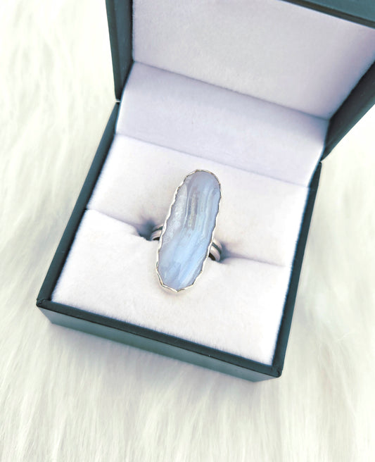 Hand Cut Blue Lace Agate Set in Hand Fabricated .925 Silver Setting (Size 6.5)