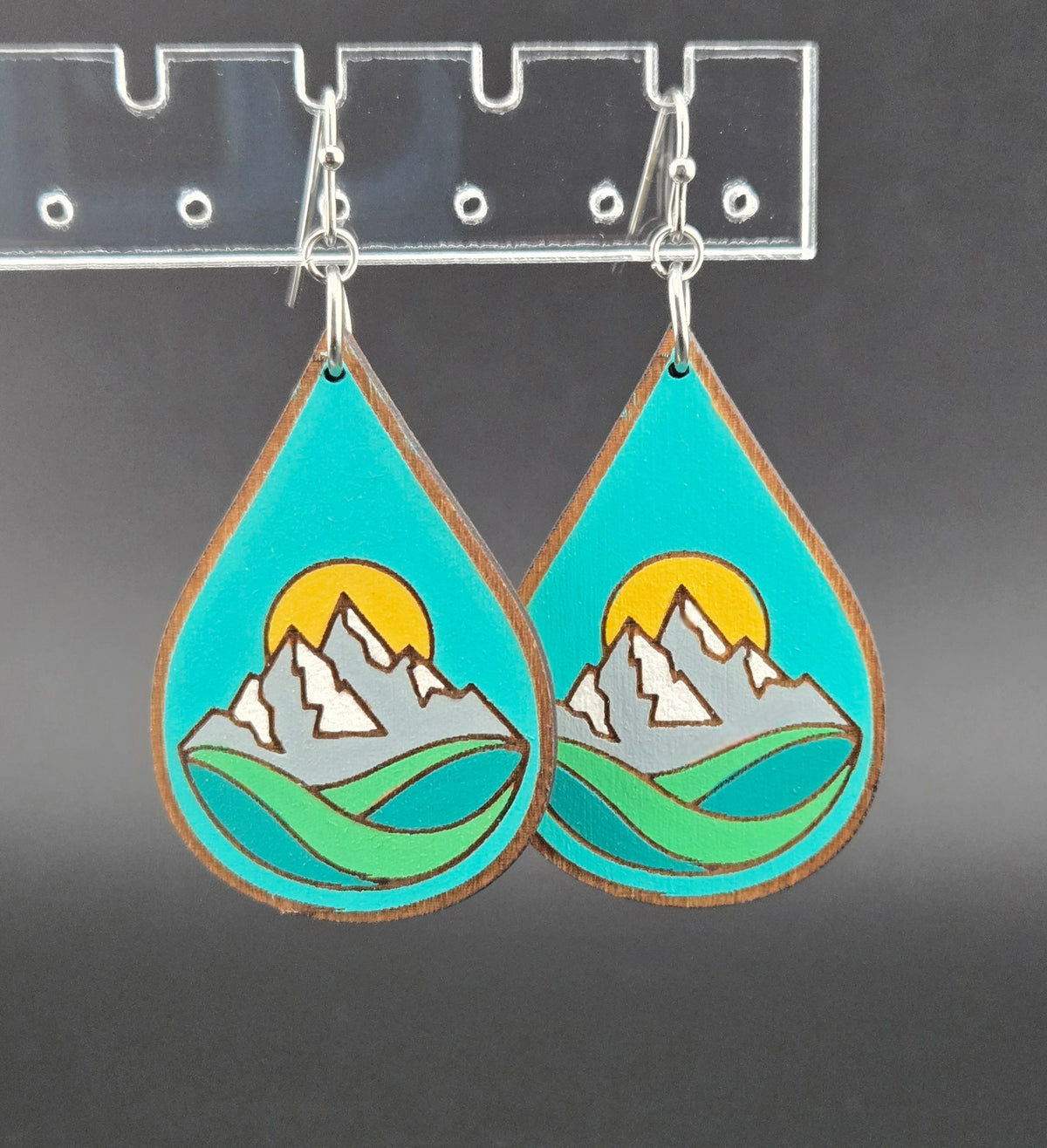 Handmade hand painted mountain and sun earrings
