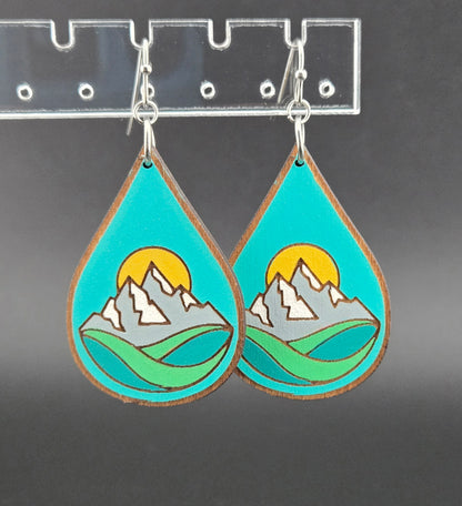 Handmade hand painted mountain and sun earrings