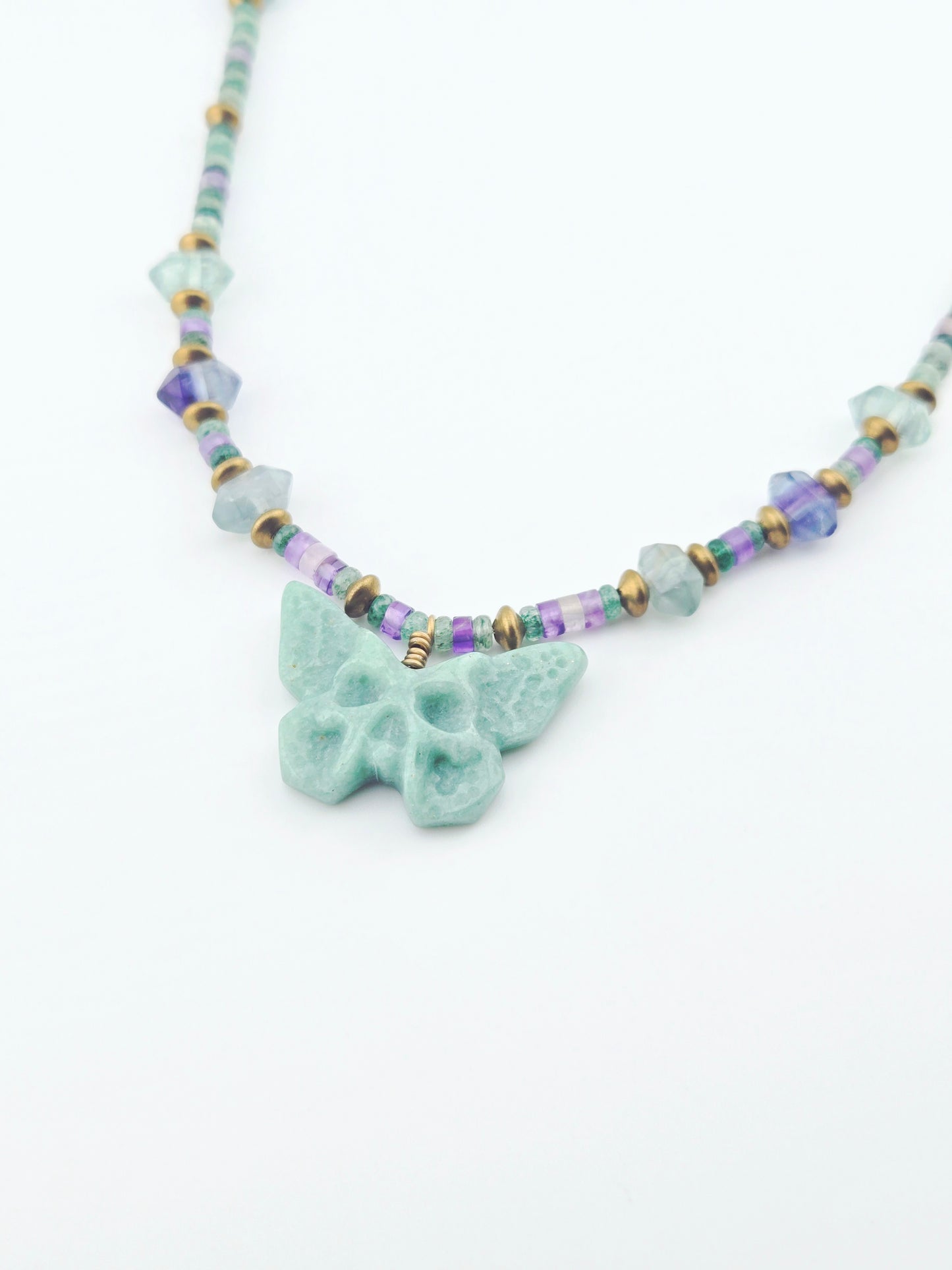 Green Aventurine Skull Butterfly with Double Terminated Fluorite Necklace