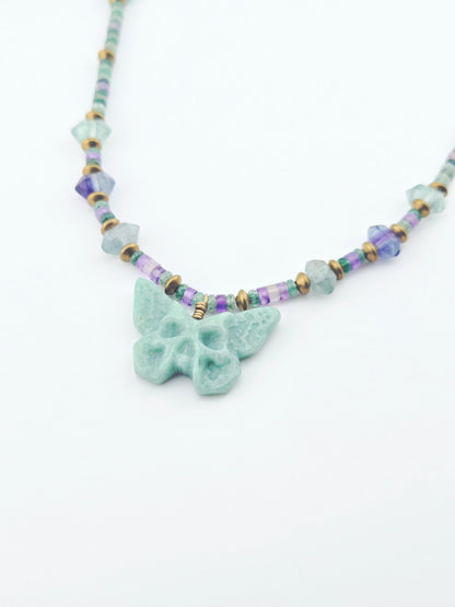 Green Aventurine Skull Butterfly with Double Terminated Fluorite Necklace
