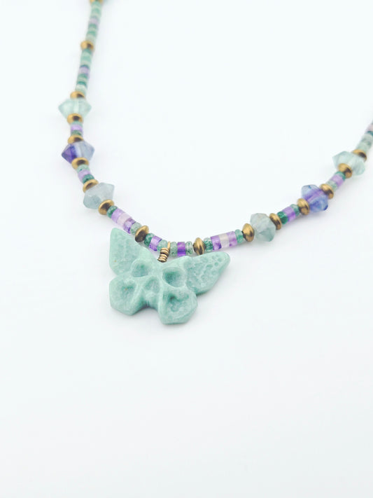 Green Aventurine Skull Butterfly with Double Terminated Fluorite Necklace