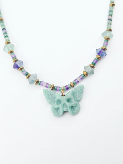 Green Aventurine Skull Butterfly with Double Terminated Fluorite Necklace