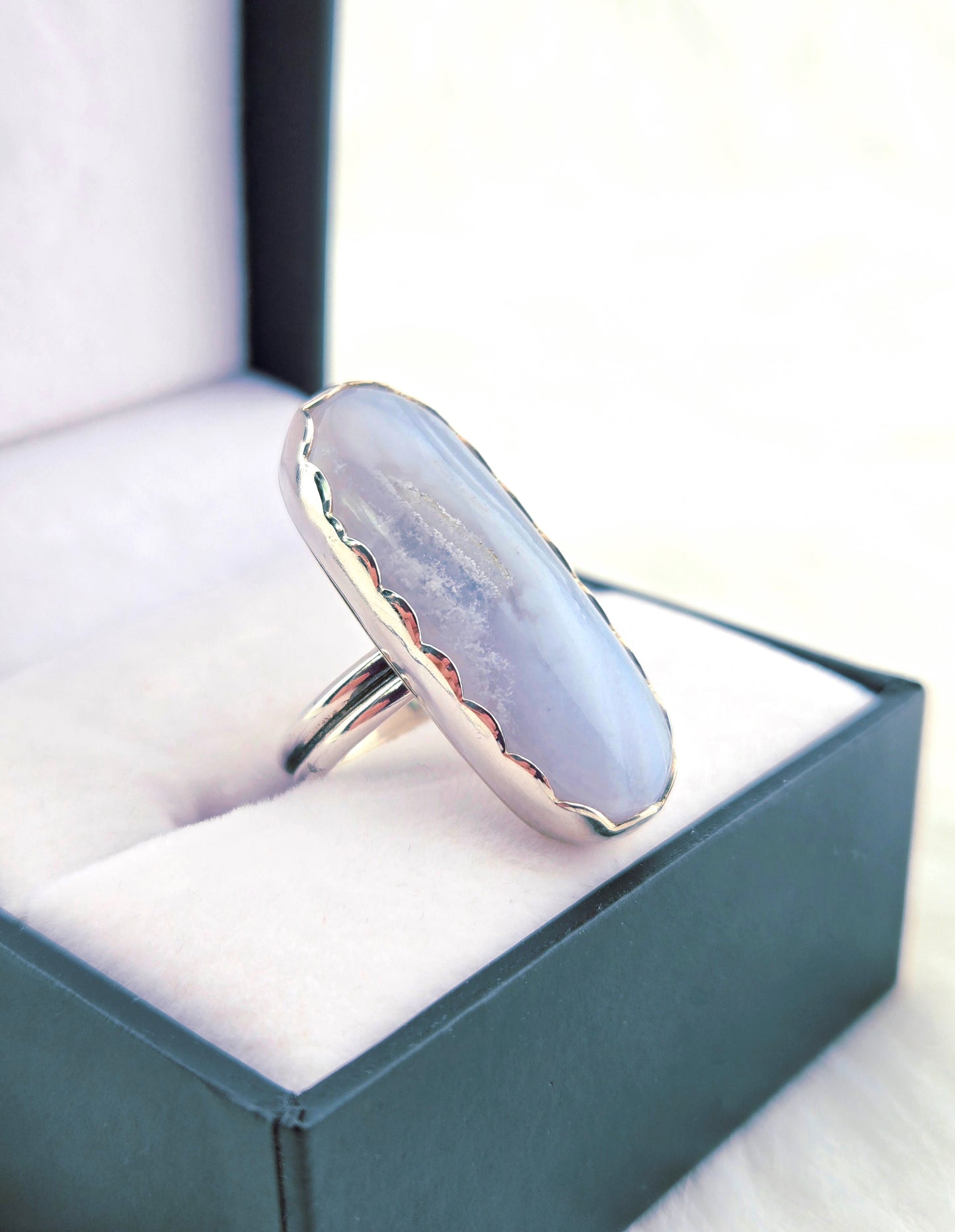 Hand Cut Blue Lace Agate Set in Hand Fabricated .925 Silver Setting (Size 6.5)