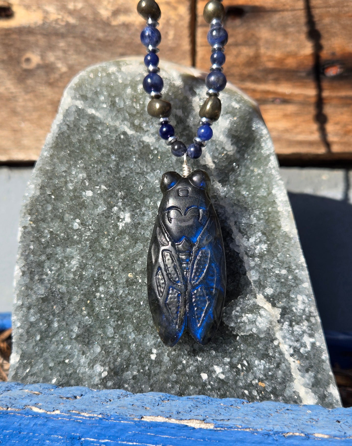 Blue Labradorite Cicada with Sodalite & Pyrite Necklace