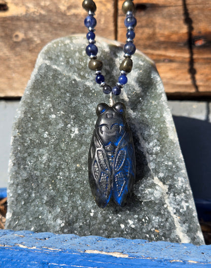 Blue Labradorite Cicada with Sodalite & Pyrite Necklace