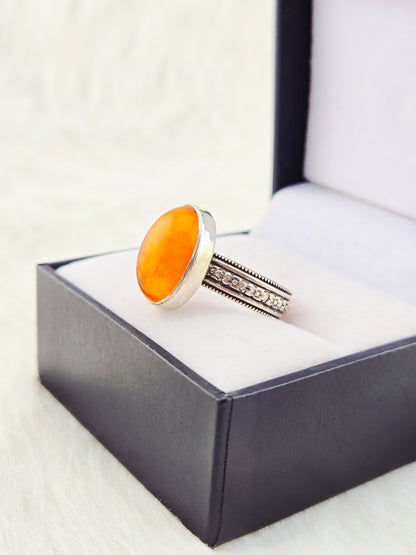 Mexican Fire Opal Ring - Sterling Silver Patterned Band (Size 9)