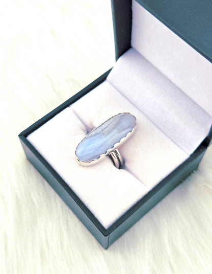 Hand Cut Blue Lace Agate Set in Hand Fabricated .925 Silver Setting (Size 6.5)