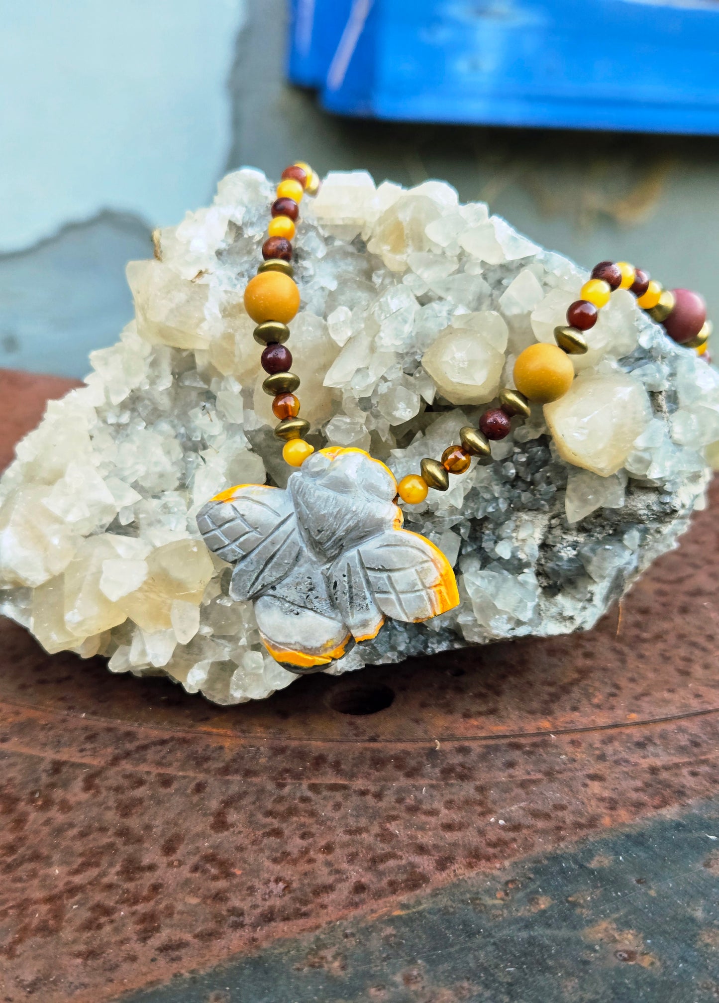 Bumblebee Jasper Bee with Amber & Mookaite Necklace