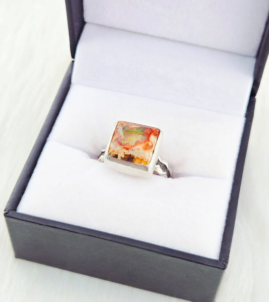 Hand Cut Square Mexican Fire Opal Set in Hand Fabricated .925 Silver Setting with (Size 9)