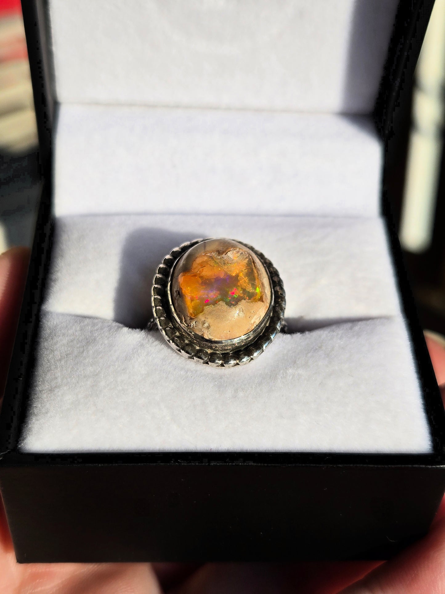 Mexican Fire Opal Ring - Hand Fabricated Sterling Silver (Size 8.5)