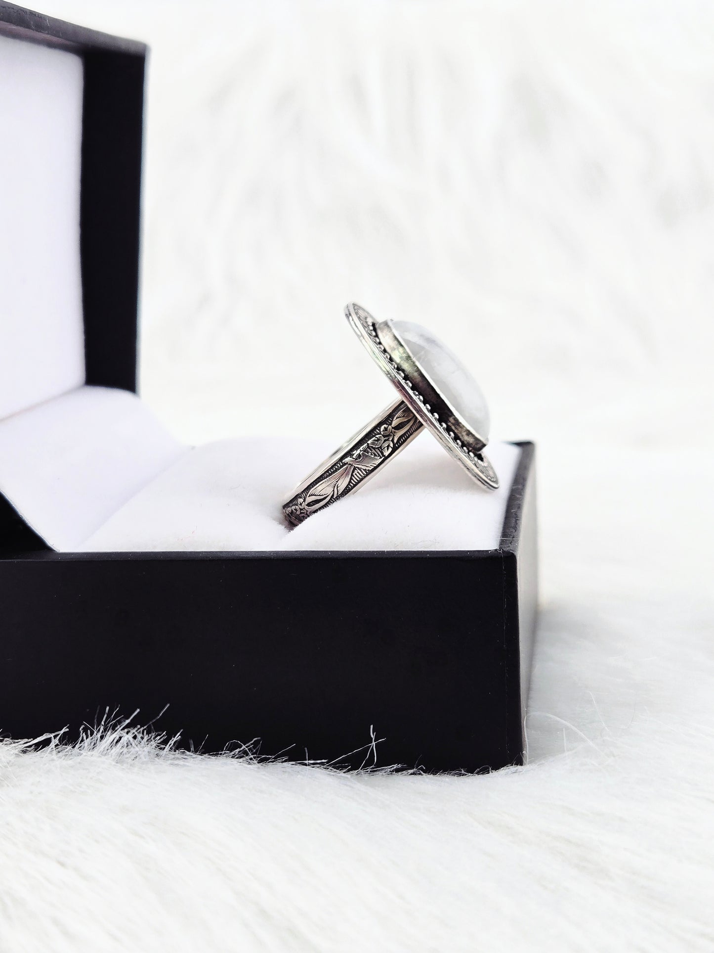 Hand cut Moonstone Ring Set in .925 Silver and Fine Silver Embellishments (Size 10)