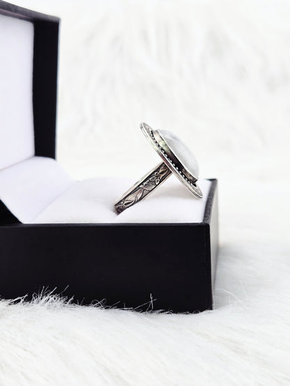 Hand cut Moonstone Ring Set in .925 Silver and Fine Silver Embellishments (Size 10)