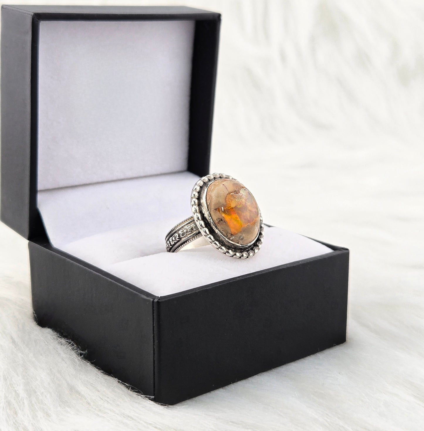 Mexican Fire Opal Ring - Hand Fabricated Sterling Silver (Size 8.5)