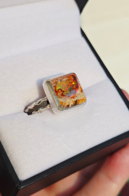 Hand Cut Square Mexican Fire Opal Set in Hand Fabricated .925 Silver Setting with (Size 9)
