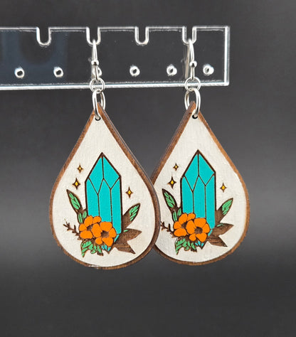 Handmade hand painted crystal and orange flower earrings