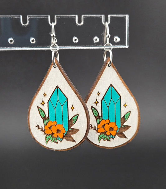 Handmade hand painted crystal and orange flower earrings